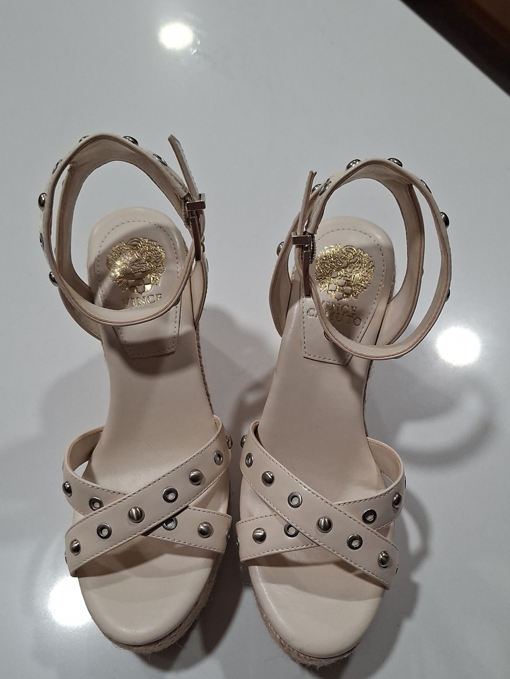 Vince Camuto Cream Studded Ankle-Strap Wedge Sandals